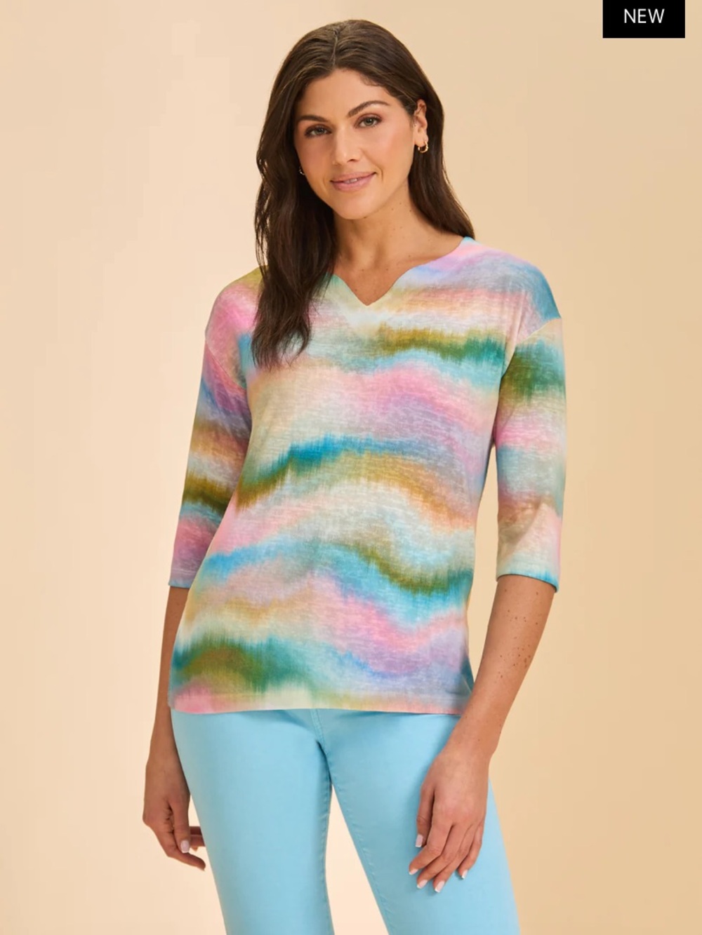 New pastel Multicolor Wave-Print 3/4 Sleeve Top